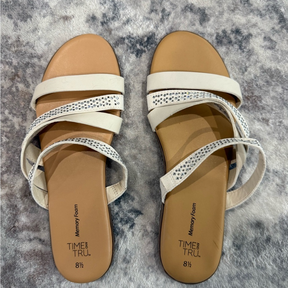 Time and Tru Women's Cream Rhinestone Sandals - 8.5